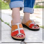 صندل  زنانه چرم طبیعی کلارا قرمز عسلی