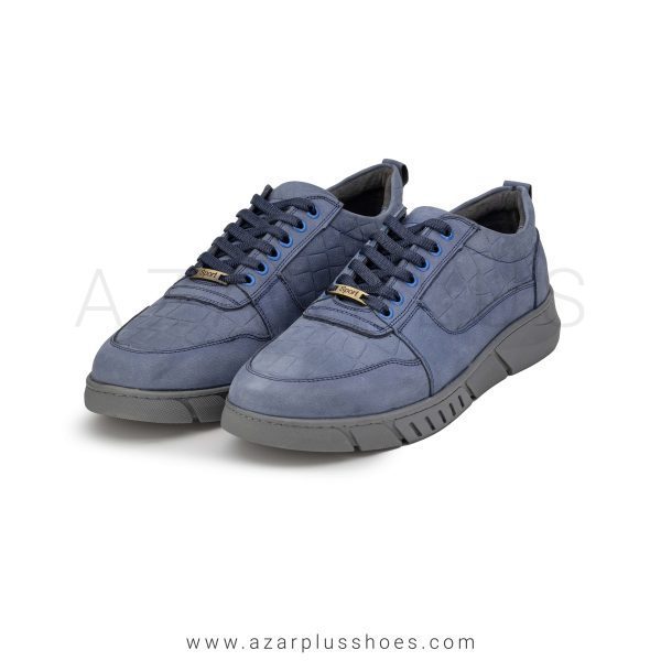 جفت کفش مردانه اسپرت چرم طبیعی سرمه ای بندی مدل پدیده زاویه 45 با زیره رابر روزمره