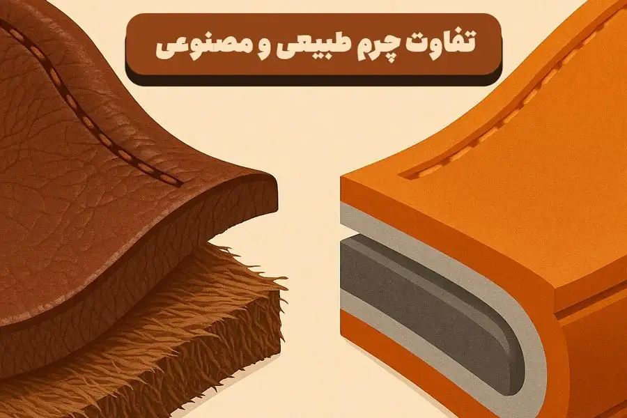 اینفوگرافیک کنار هم نشان دهنده روند تولید چرم طبیعی (چرم گوساله) و روش های ساخت چرم مصنوعی، با توضیح تفاوتهای اصلی از جمله مواد اولیه، مقاومت، هوادهی